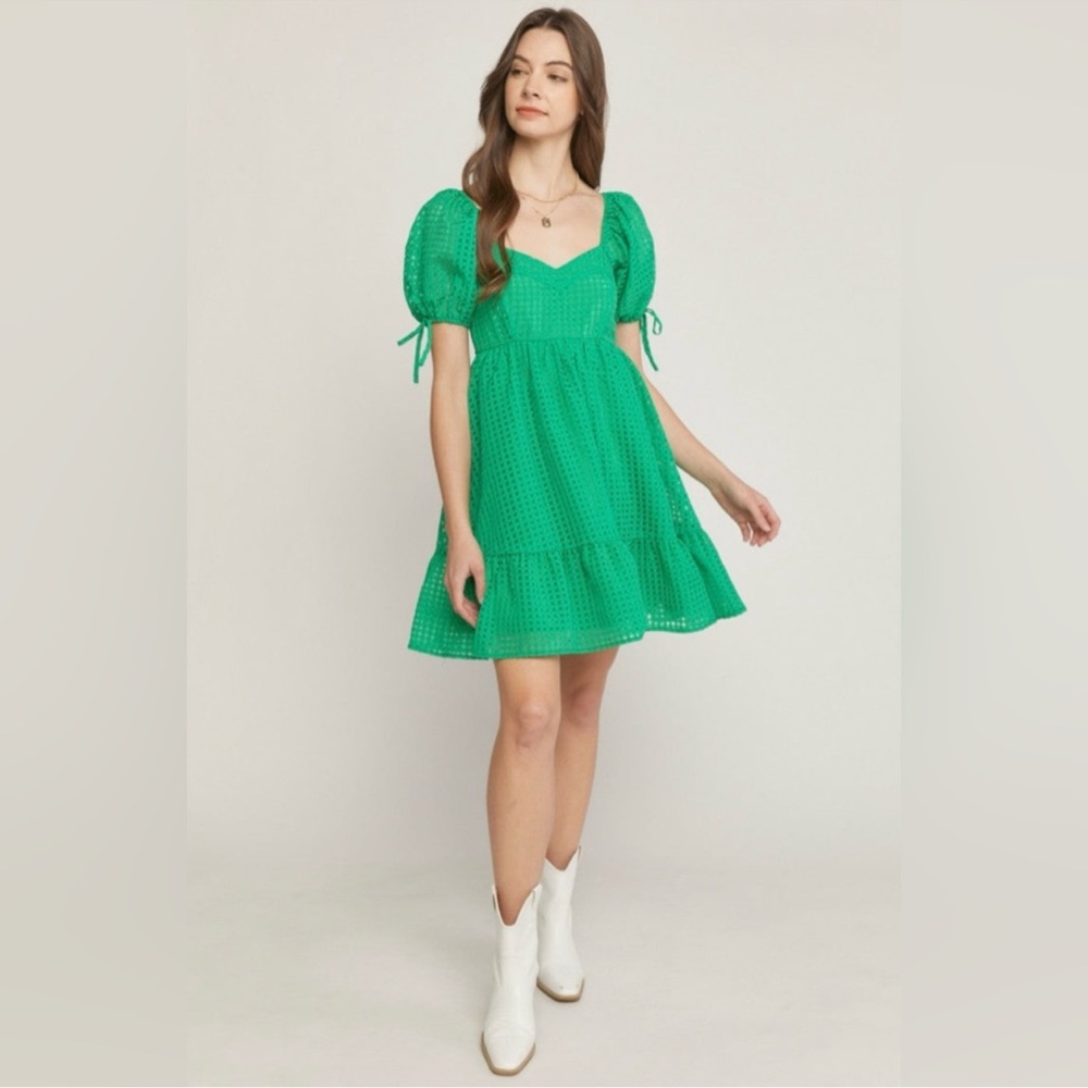 entro Green Eyelet Puff Sleeve Mini Dress